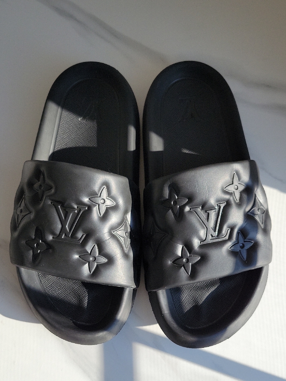 Louis Vuitton Black Embossed Monogram Slide Sandals - Men